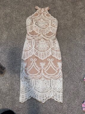 Lulu's White Lace Overlay Midi Dress with Nude Lining